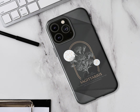 Sagittarius Zodiac sign birth flowers on black papers iPhone case