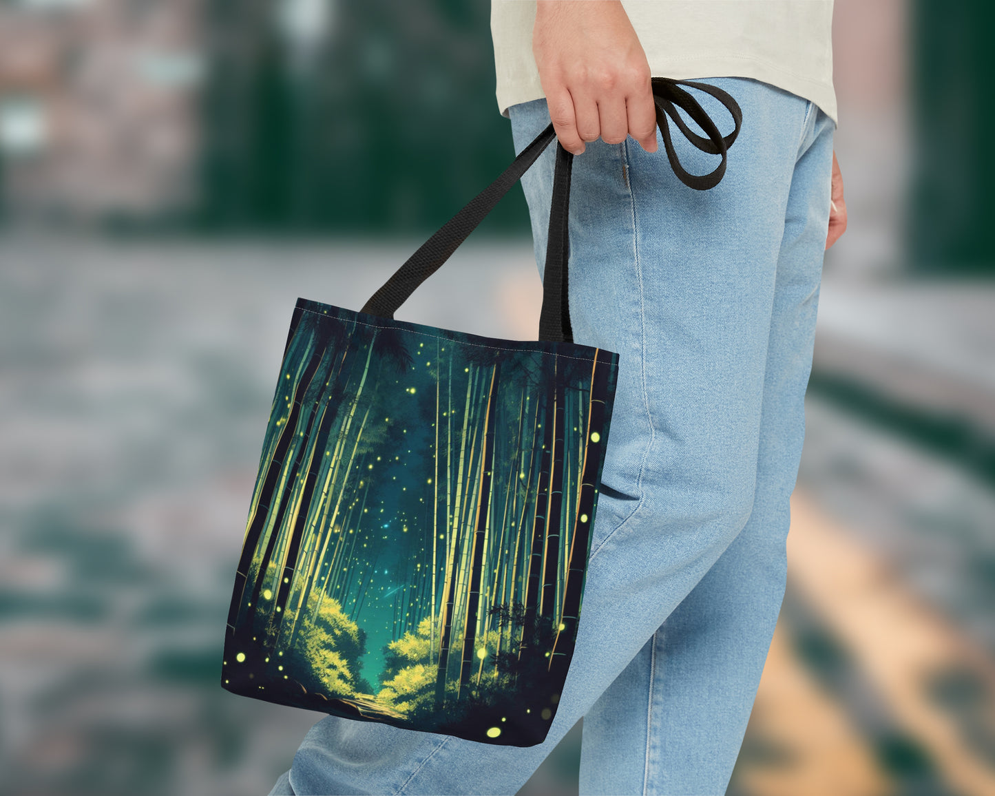 Bamboo forests in anime style tote bag