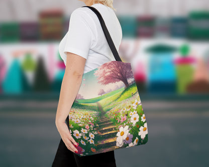 Flower fields in anime style tote bag