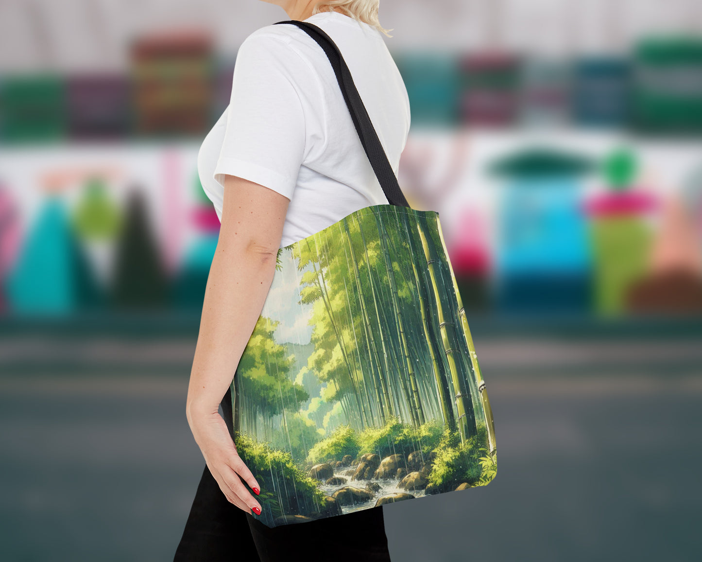 Bamboo forests in anime style tote bag