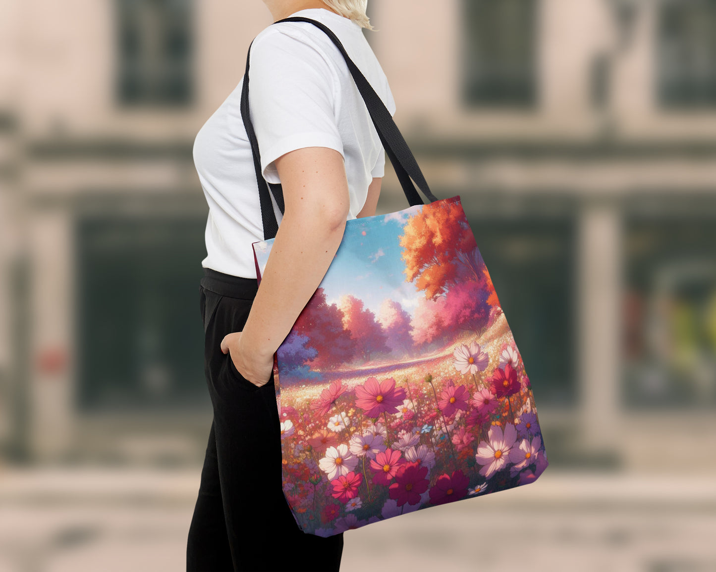 Flower fields in anime style tote bag