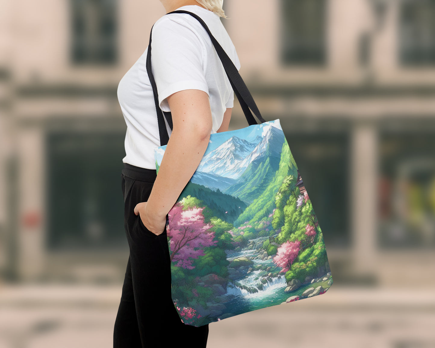 Mountains in anime style tote bag