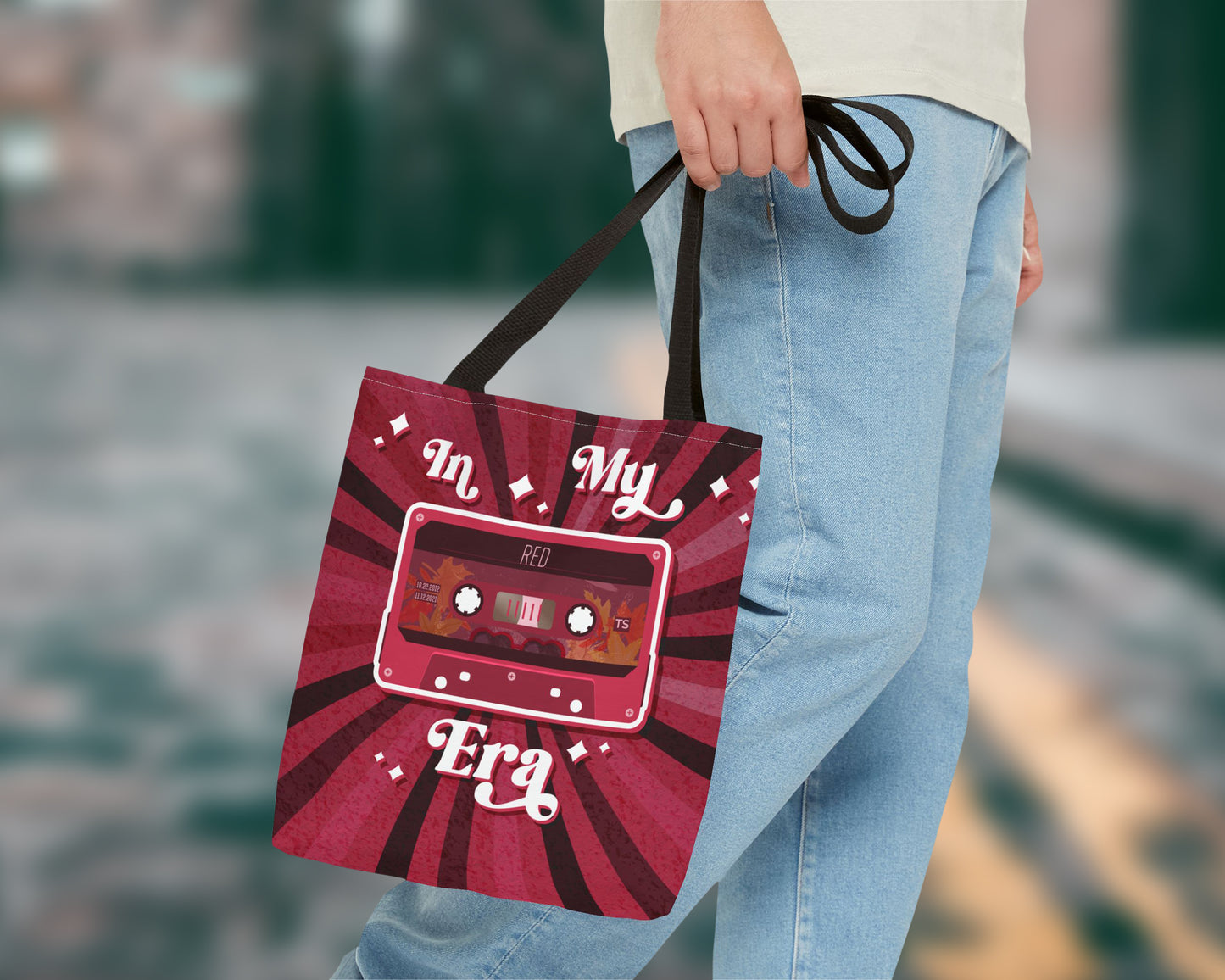 In my Red era vintage cassette tape tote bag