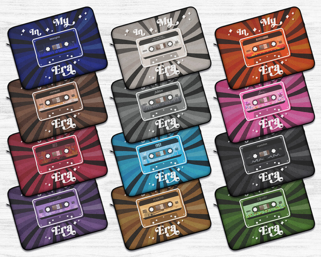 Collection of In my eras vintage cassette tape laptop sleeves