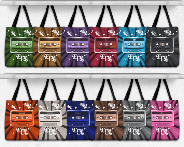 Collection of In my eras vintage cassette tape tote bags