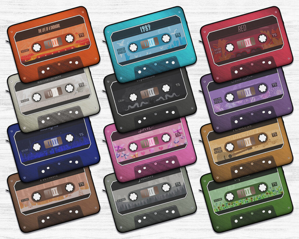 Collection of The Eras cassette tape laptop sleeves