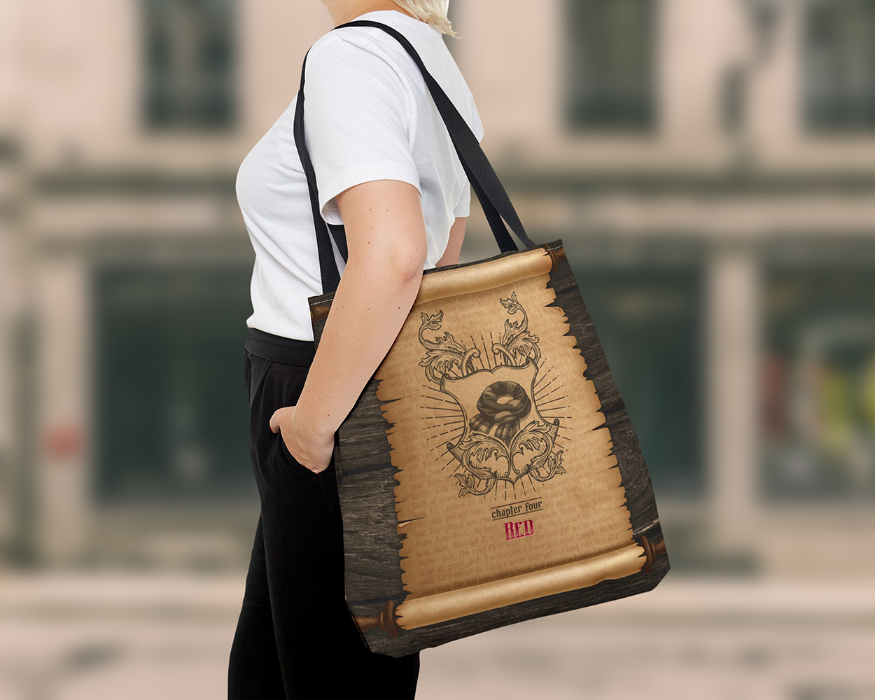 Red era medieval scroll tote bag - Image 4