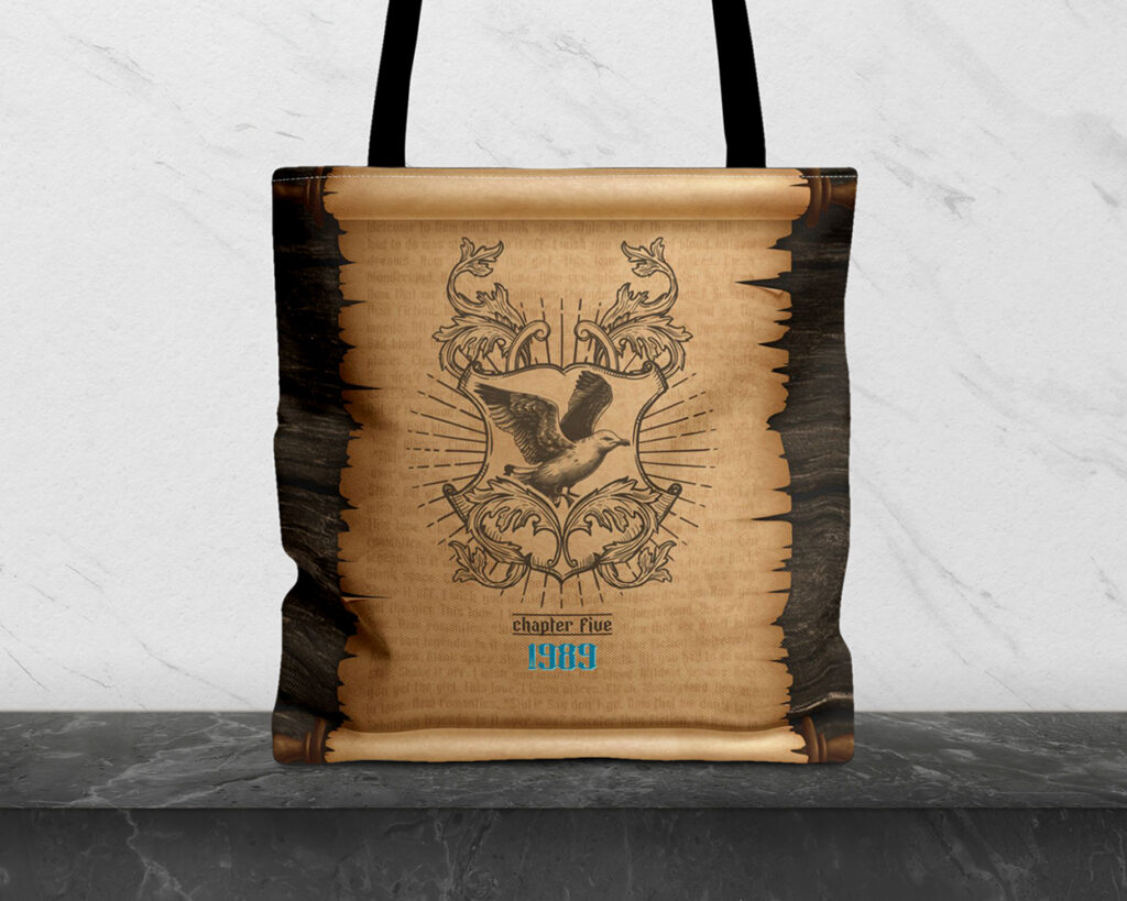 1989 era medieval scroll tote bag