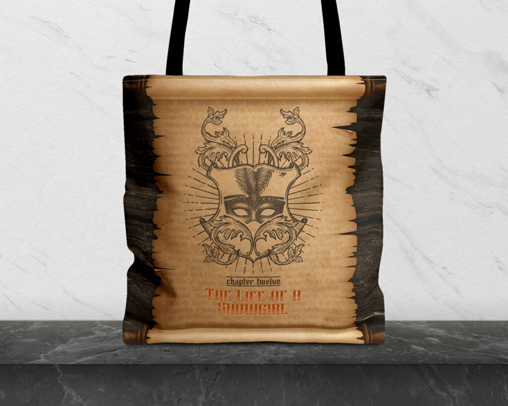 Showgirl era medieval scroll tote bag