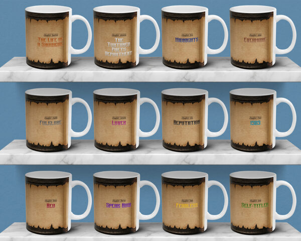 Collection of The Eras medieval scroll ceramic mugs