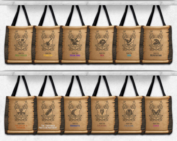 Collection of The Eras medieval scroll tote bags