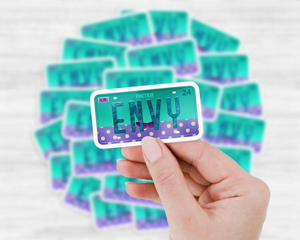 Envy emotion license plate sticker