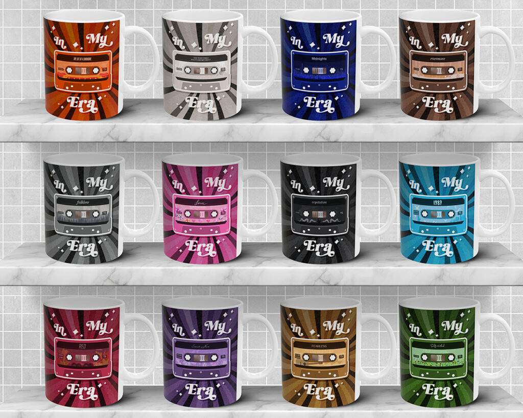 Collection of In my eras vintage cassette tape ceramic mugs