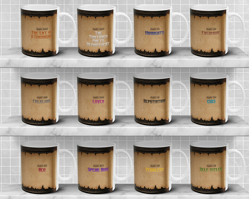 Collection of The Eras medieval scroll ceramic mugs