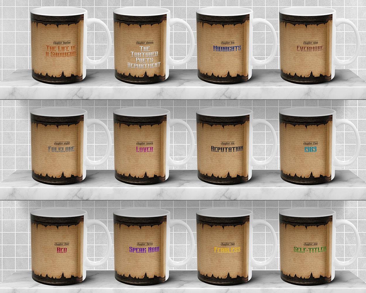 Collection of The Eras medieval scroll ceramic mugs
