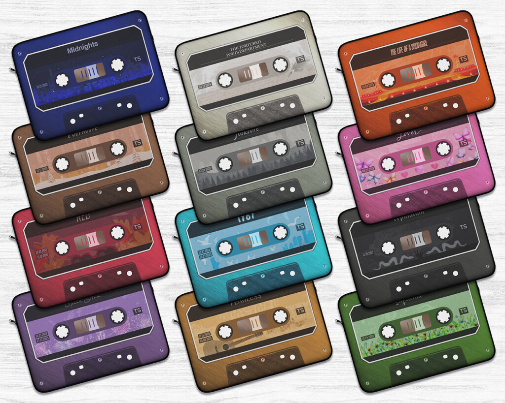 Collection of The Eras cassette tape laptop sleeves